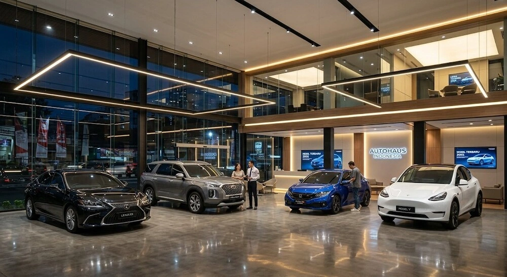 Cara Memilih Lampu LED untuk Painting Booth, Bengkel Mobil, dan Showroom Otomotif 3 Ilustrasi showroom mobil dengan pencahayaan lampu LED