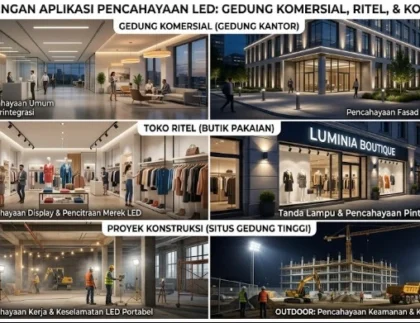 Perbandingan area gedung komersial, toko ritel, dan proyek konstruksi yang menggunakan lampu LED