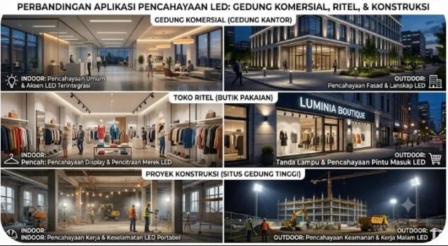 Perbandingan Lampu LED OPPLE dan Panasonic untuk Kebutuhan Proyek, Ritel, dan Maintenance Gedung 1 Perbandingan area gedung komersial, toko ritel, dan proyek konstruksi yang menggunakan lampu LED