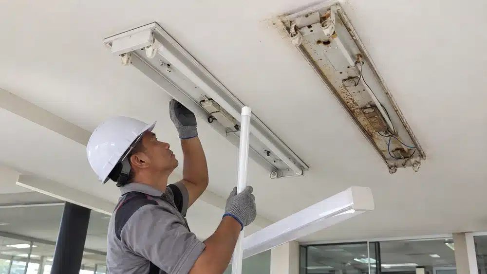 Mengganti Lampu TL dengan LED T8 Tube atau LED Batten, Mana yang Lebih Tepat? 1 Teknisi mengganti lampu